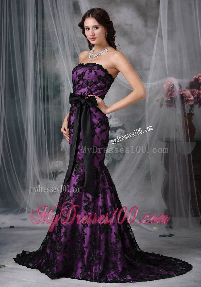 2013 Black and Purple Mermaid Strapless Sash Lace Celebrity Dress