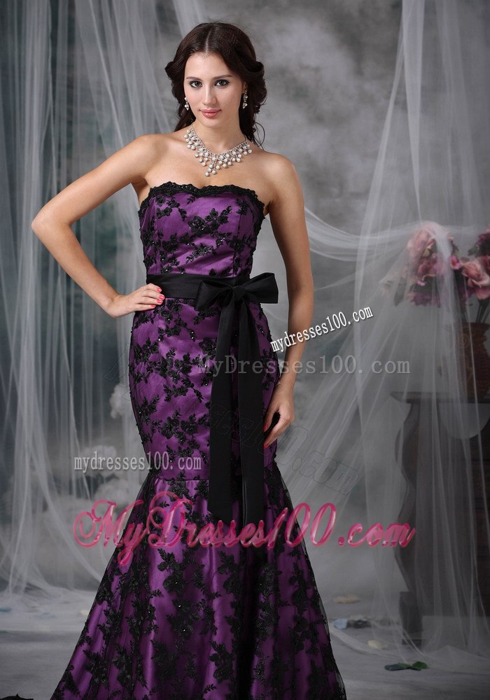 2013 Black and Purple Mermaid Strapless Sash Lace Celebrity Dress