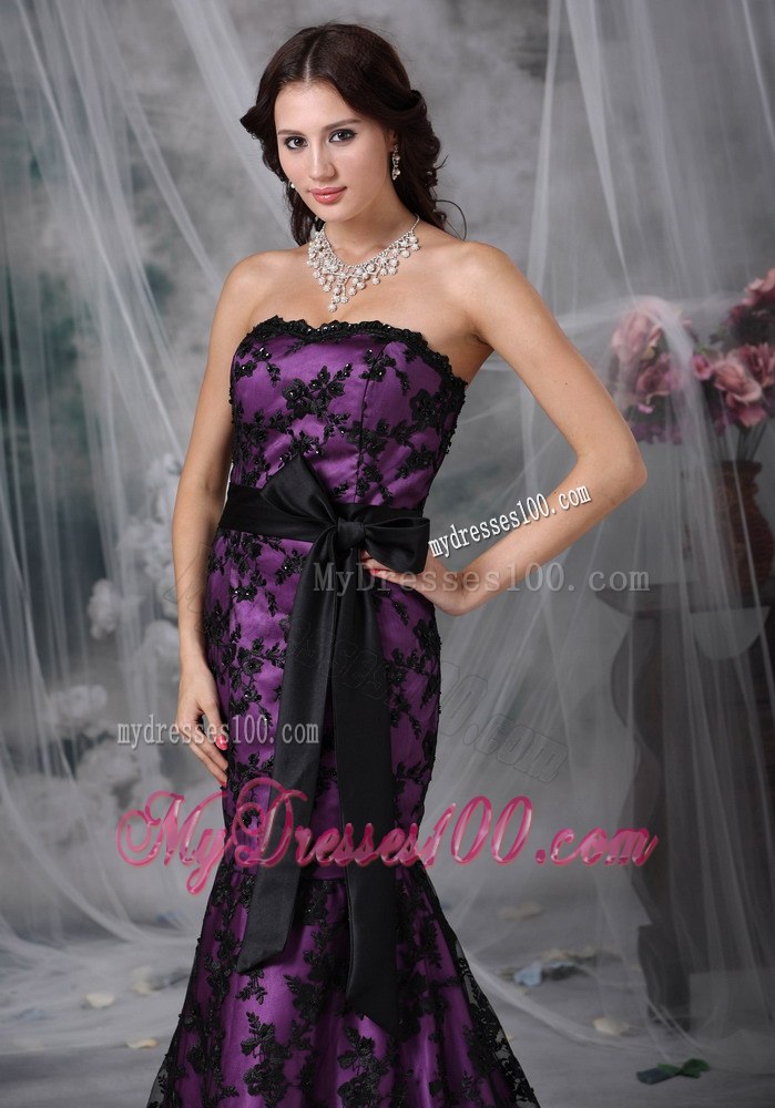 2013 Black and Purple Mermaid Strapless Sash Lace Celebrity Dress