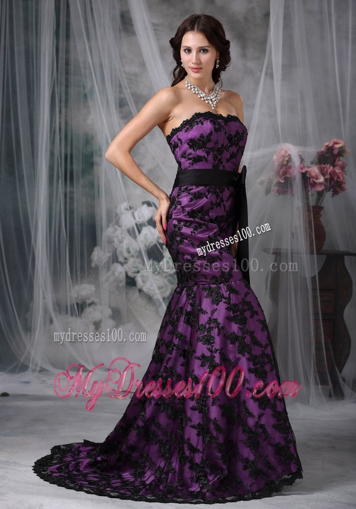 2013 Black and Purple Mermaid Strapless Sash Lace Celebrity Dress