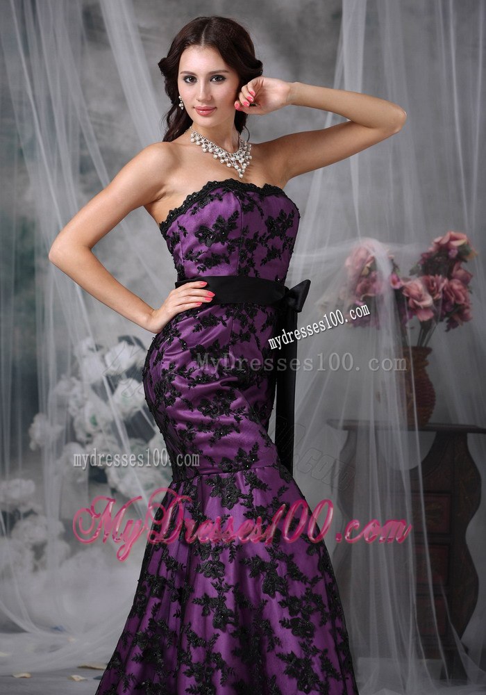 2013 Black and Purple Mermaid Strapless Sash Lace Celebrity Dress