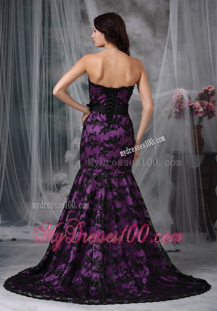 2013 Black and Purple Mermaid Strapless Sash Lace Celebrity Dress