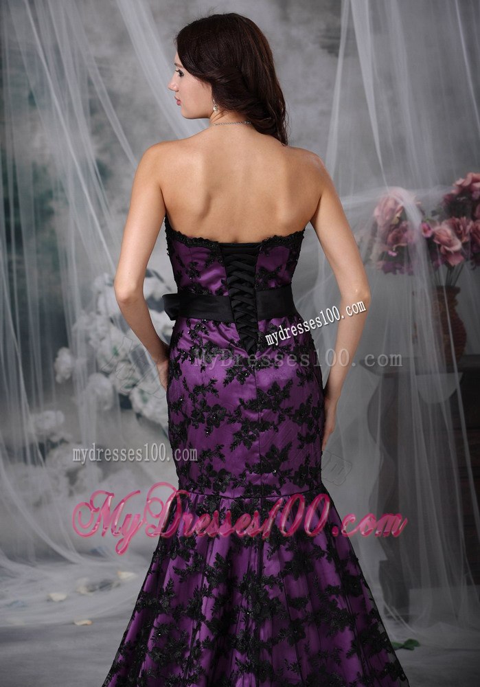 2013 Black and Purple Mermaid Strapless Sash Lace Celebrity Dress