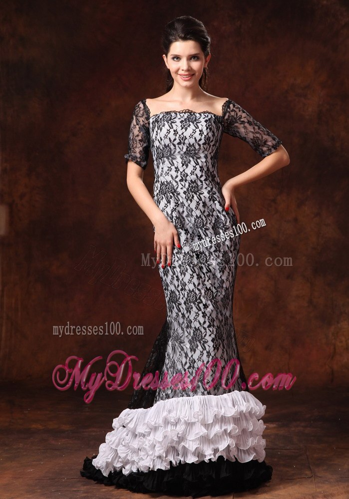 Half Sleeves Black and White Square Lace 2013 Celebrity Dress
