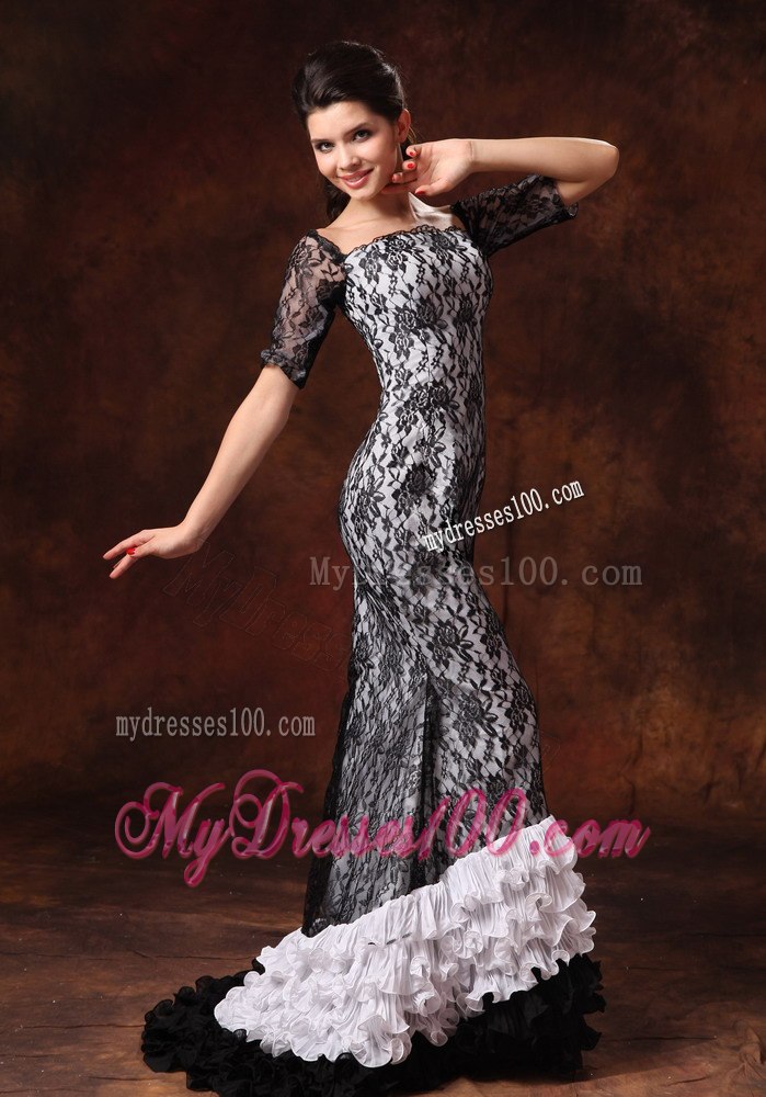 Half Sleeves Black and White Square Lace 2013 Celebrity Dress