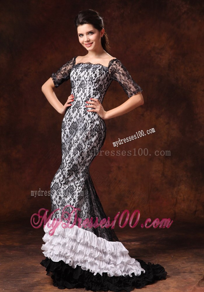 Half Sleeves Black and White Square Lace 2013 Celebrity Dress