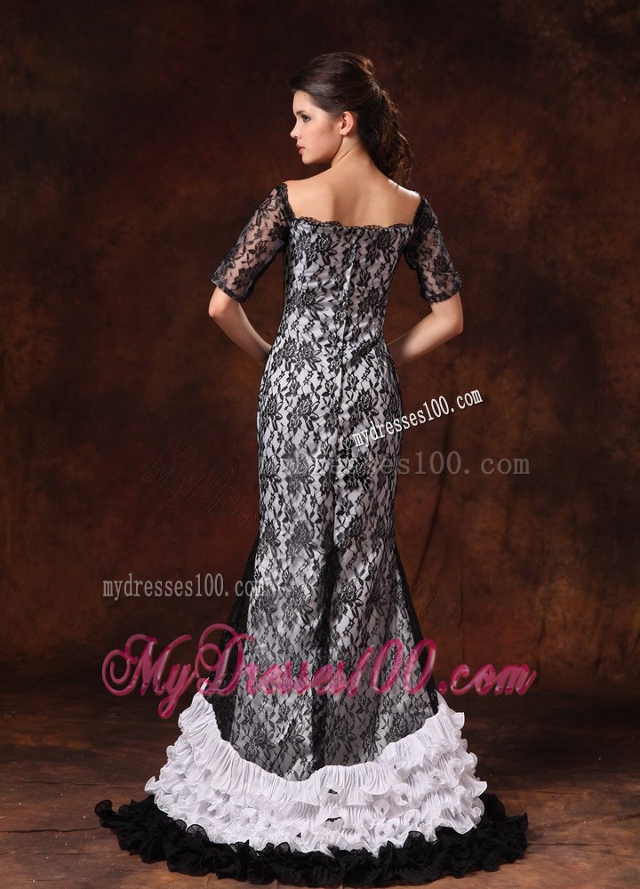 Half Sleeves Black and White Square Lace 2013 Celebrity Dress