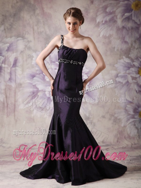 Dark Purple Mermaid Celebrity Dresses with One Shoulder Beading