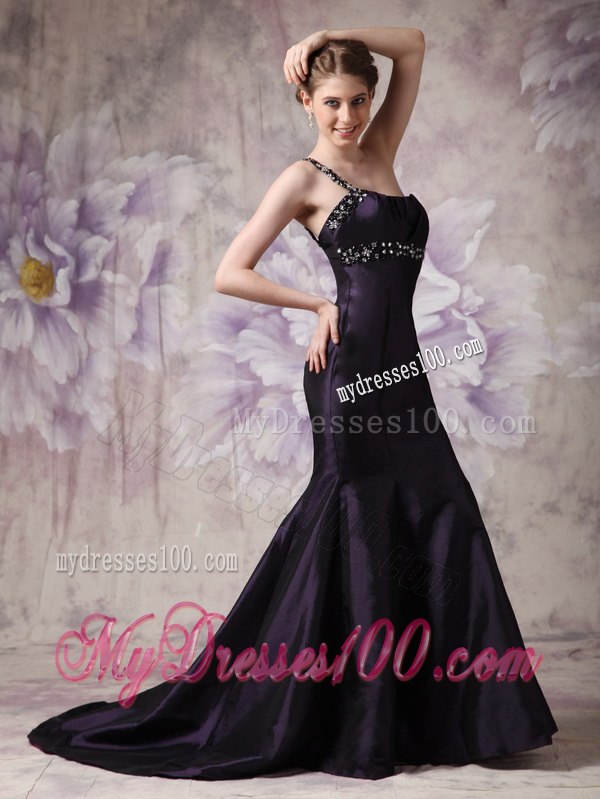 Dark Purple Mermaid Celebrity Dresses with One Shoulder Beading