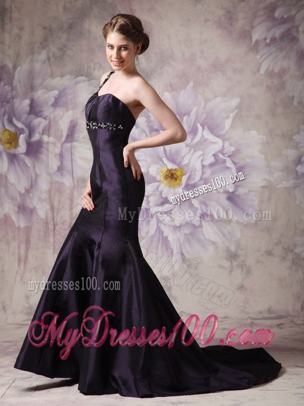 Dark Purple Mermaid Celebrity Dresses with One Shoulder Beading