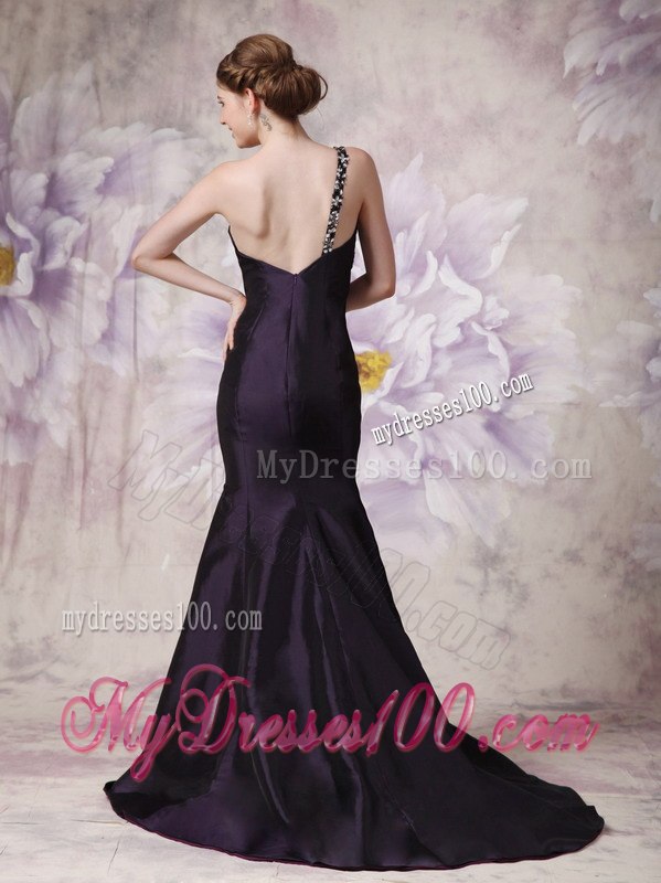 Dark Purple Mermaid Celebrity Dresses with One Shoulder Beading