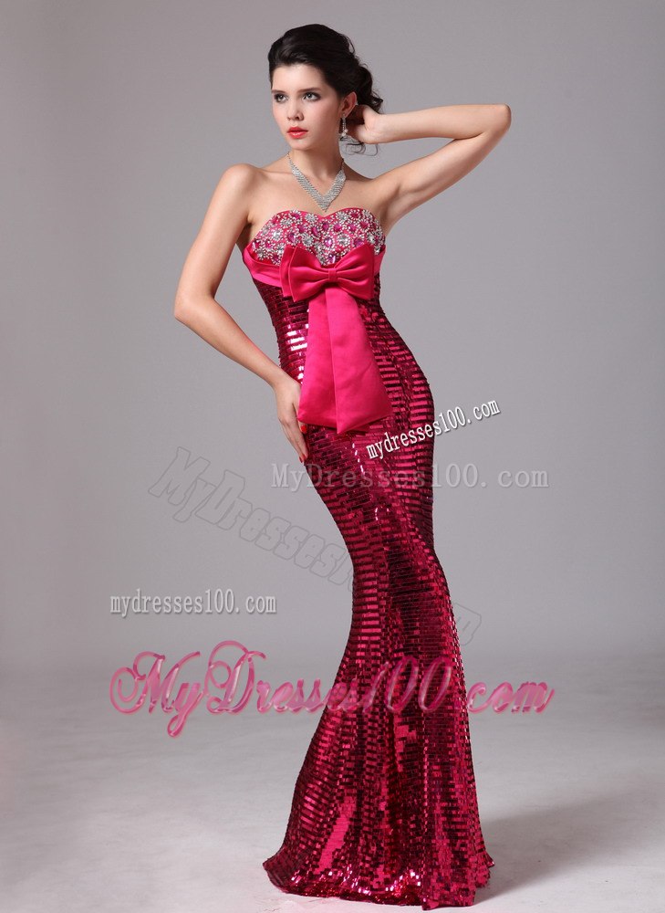 Paillette Over Skirt Hot Pink Bowknot Sweetheart Celebrity Dress