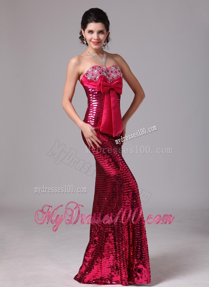 Paillette Over Skirt Hot Pink Bowknot Sweetheart Celebrity Dress