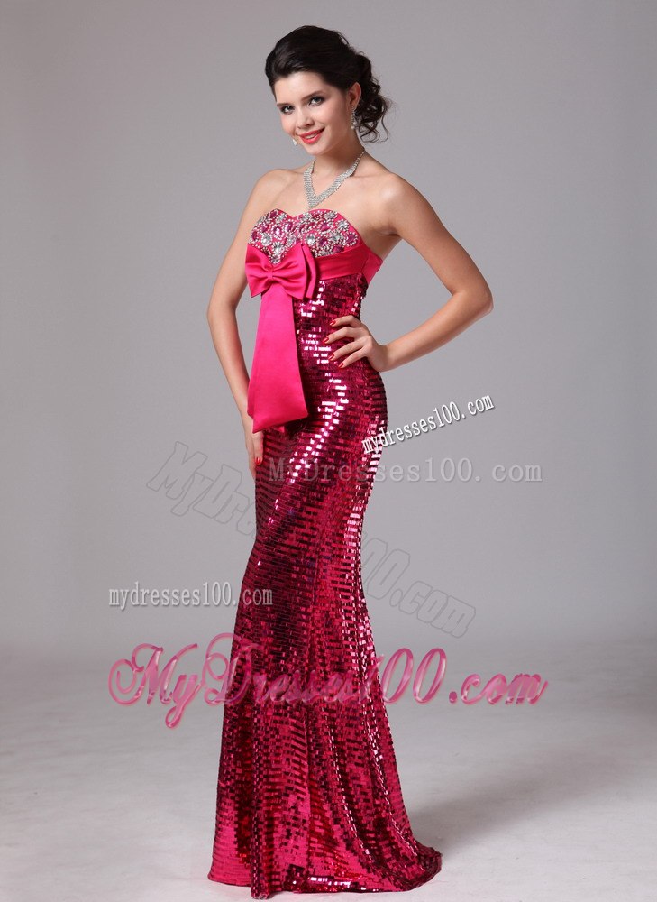 Paillette Over Skirt Hot Pink Bowknot Sweetheart Celebrity Dress