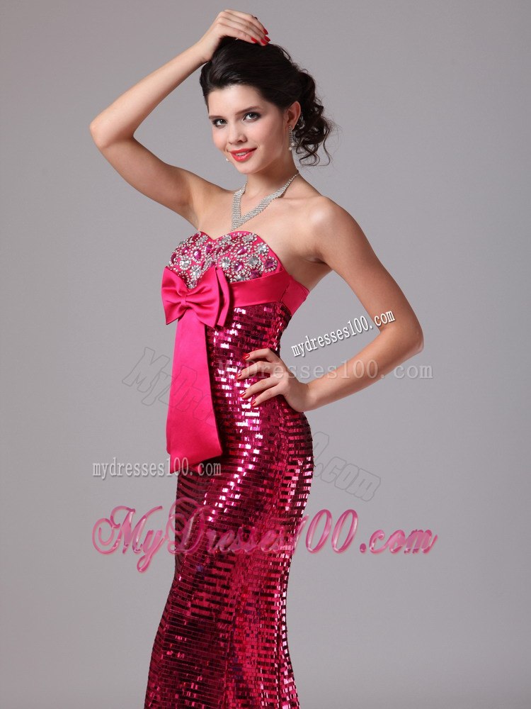 Paillette Over Skirt Hot Pink Bowknot Sweetheart Celebrity Dress