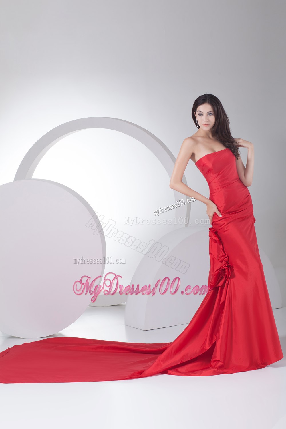 Popular Red Column Strapless Hand Made Flowers Celebrity Dresses