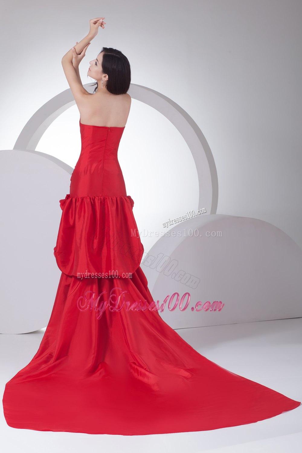 Popular Red Column Strapless Hand Made Flowers Celebrity Dresses