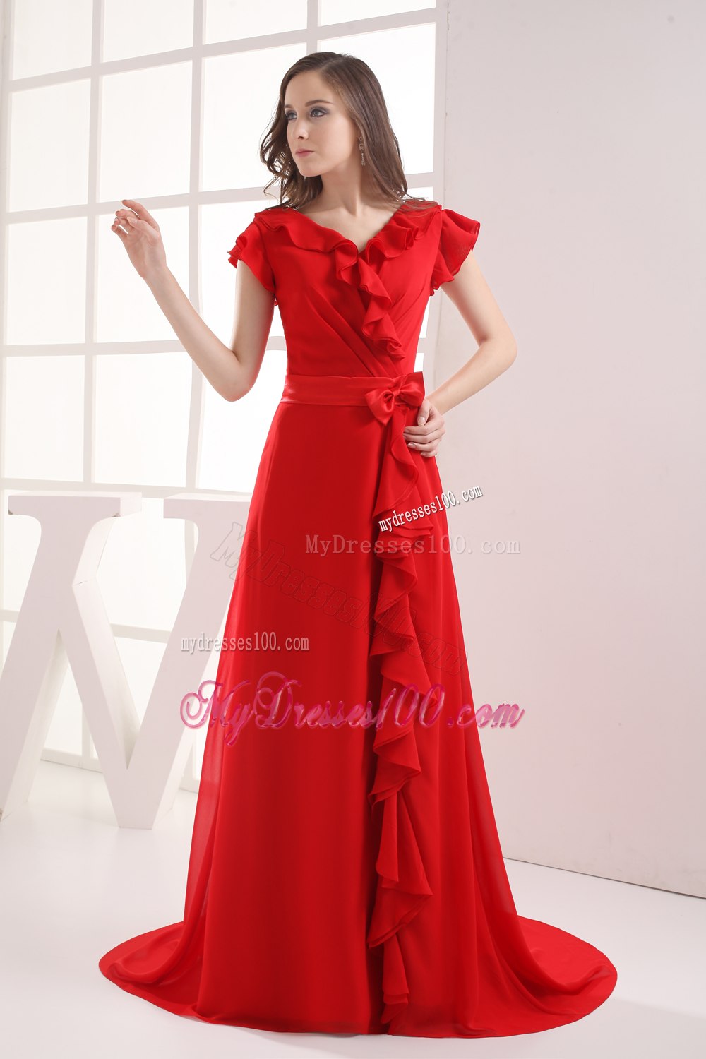 Red Short Sleeves Bow V-neck Ruffles Celebrity Dresses in 2013