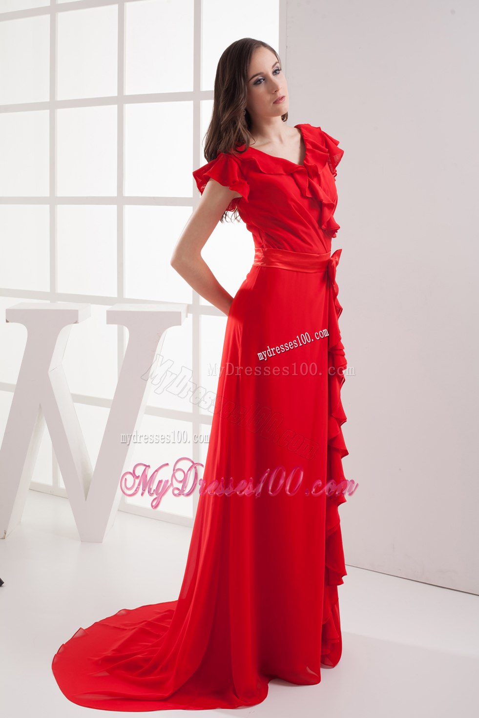 Red Short Sleeves Bow V-neck Ruffles Celebrity Dresses in 2013