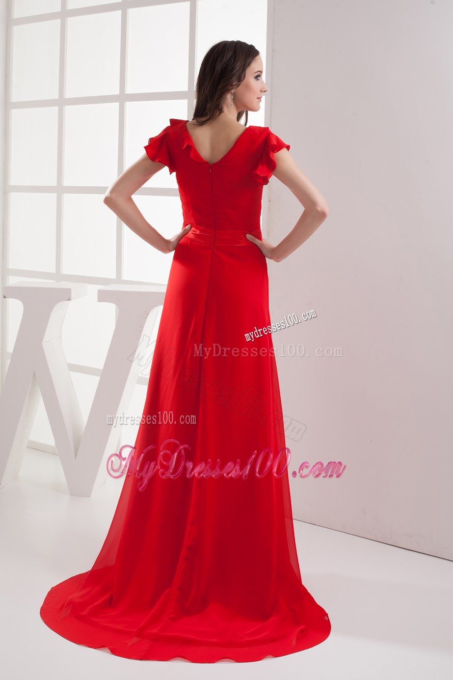 Red Short Sleeves Bow V-neck Ruffles Celebrity Dresses in 2013