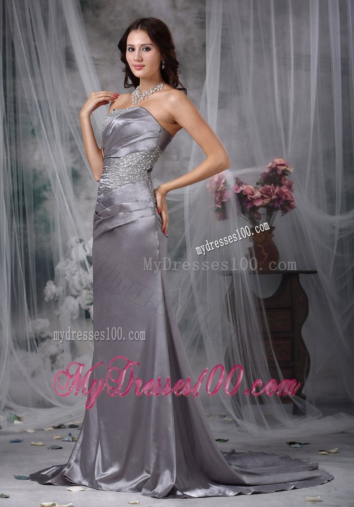 Grey Column Strapless Beading Elastic Wove Satin Celebrity Dresses