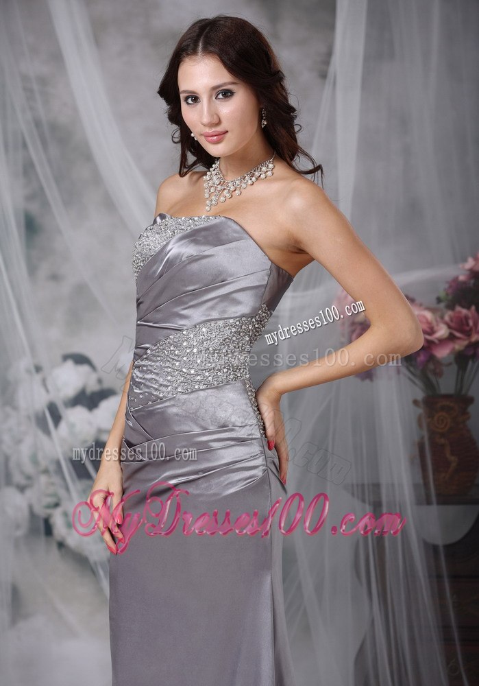 Grey Column Strapless Beading Elastic Wove Satin Celebrity Dresses