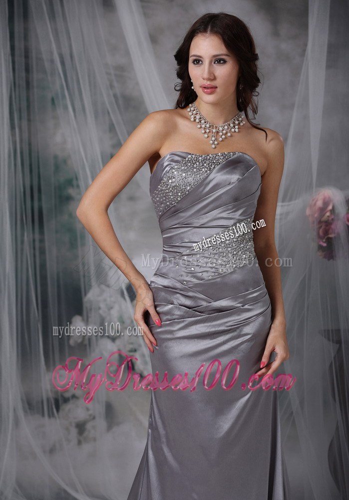 Grey Column Strapless Beading Elastic Wove Satin Celebrity Dresses