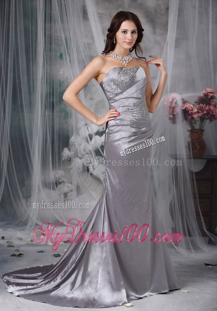Grey Column Strapless Beading Elastic Wove Satin Celebrity Dresses