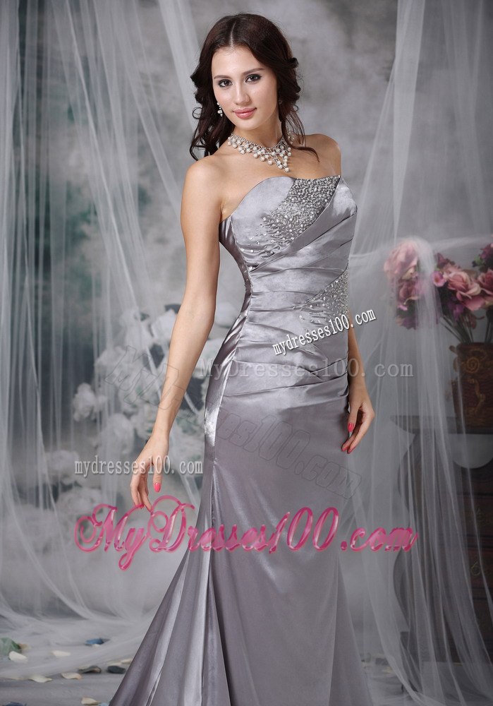Grey Column Strapless Beading Elastic Wove Satin Celebrity Dresses