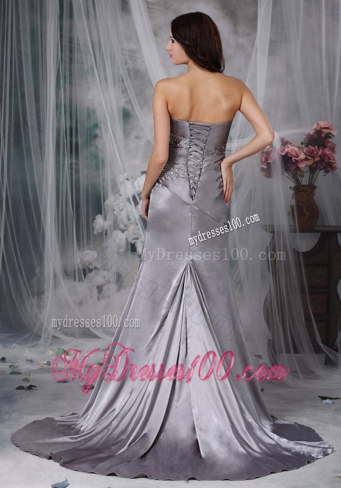 Grey Column Strapless Beading Elastic Wove Satin Celebrity Dresses