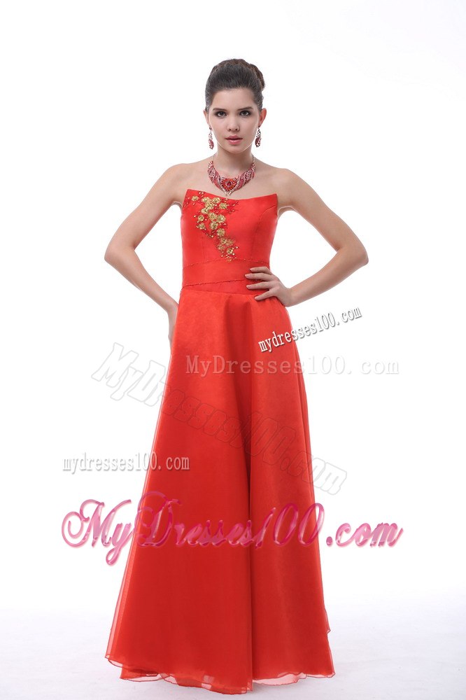Rust Red Strapless Neckline With Embroidery Decorate Celebrity Dress