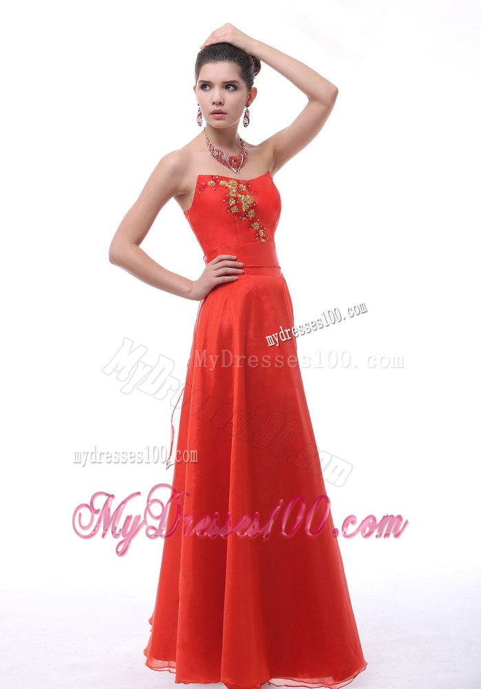 Rust Red Strapless Neckline With Embroidery Decorate Celebrity Dress