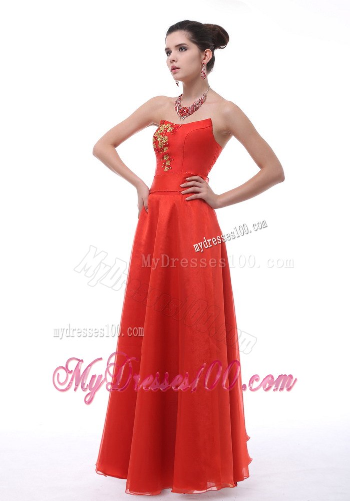 Rust Red Strapless Neckline With Embroidery Decorate Celebrity Dress