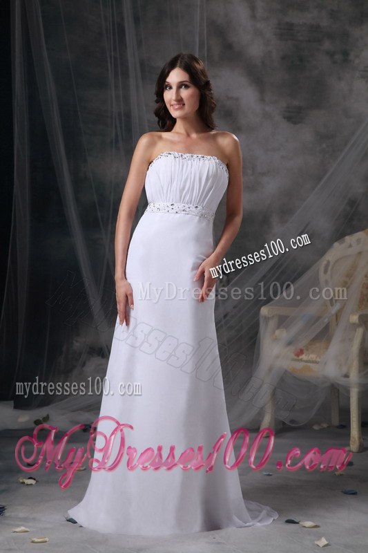 Elegant White Column Strapless Celebrity Dress Beading and Ruche