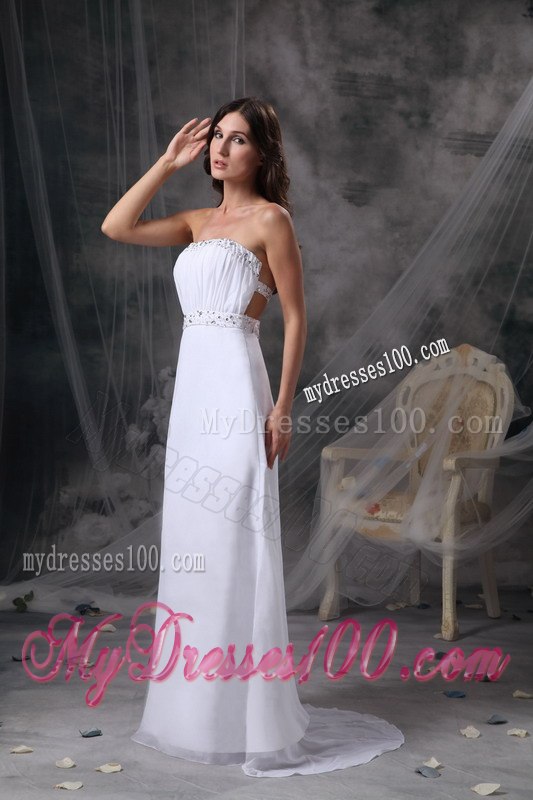 Elegant White Column Strapless Celebrity Dress Beading and Ruche