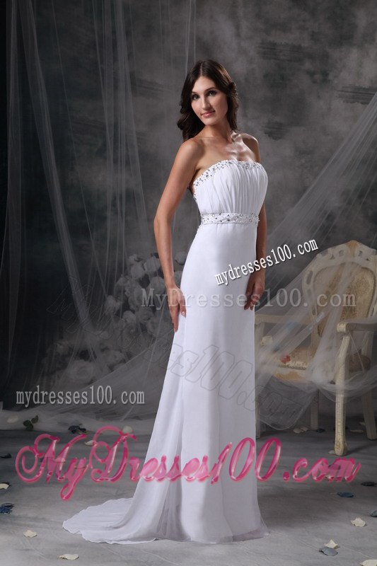 Elegant White Column Strapless Celebrity Dress Beading and Ruche