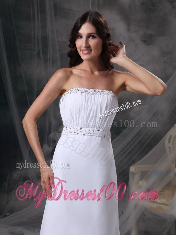 Elegant White Column Strapless Celebrity Dress Beading and Ruche