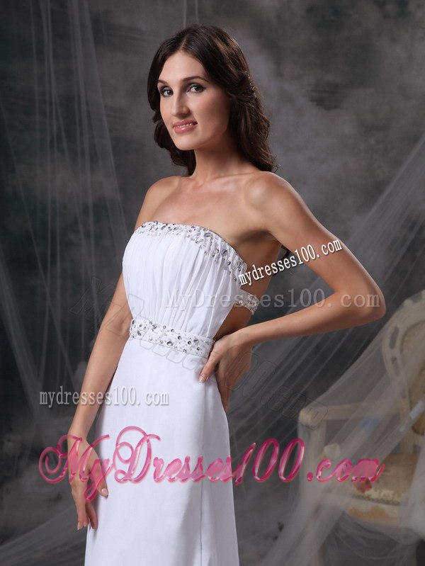 Elegant White Column Strapless Celebrity Dress Beading and Ruche