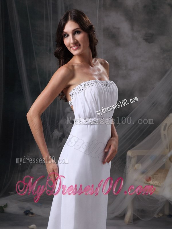 Elegant White Column Strapless Celebrity Dress Beading and Ruche