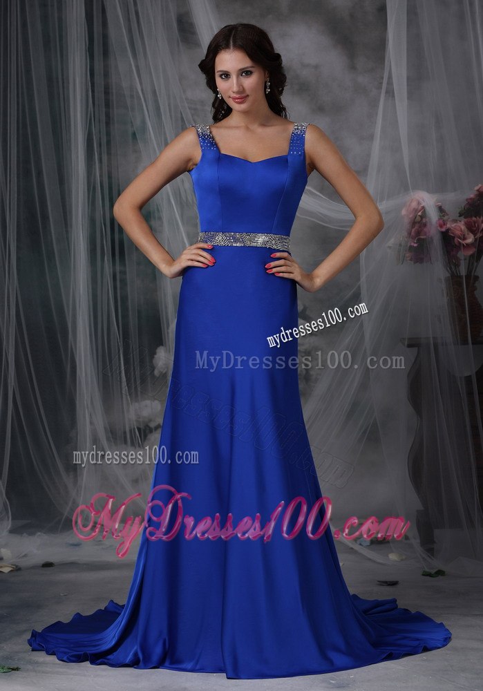 Royal Blue Column Straps Elastic Wove Satin Beading Celebrity Dress