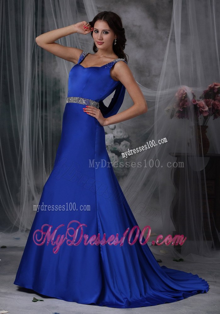 Royal Blue Column Straps Elastic Wove Satin Beading Celebrity Dress