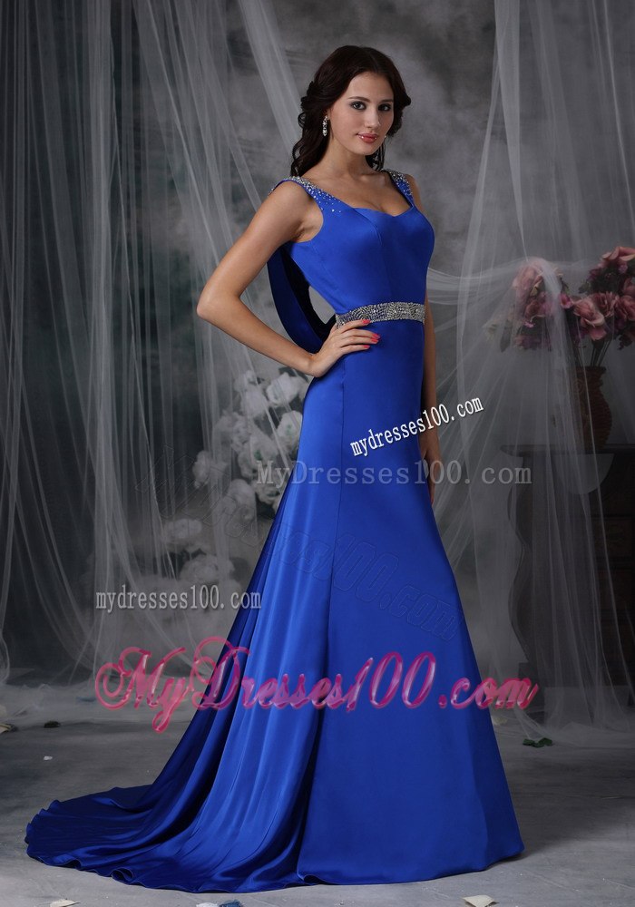 Royal Blue Column Straps Elastic Wove Satin Beading Celebrity Dress