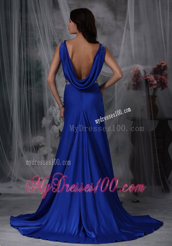 Royal Blue Column Straps Elastic Wove Satin Beading Celebrity Dress
