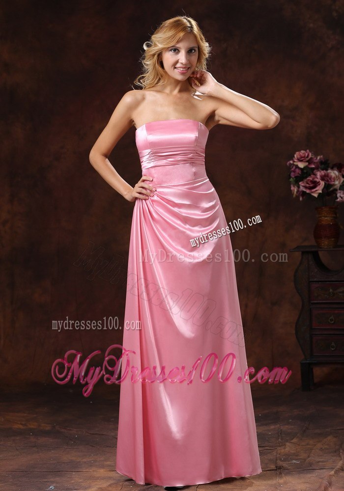 Rose Pink Elastic Woven Satin Strapless Celebrity Dresses with Ruche