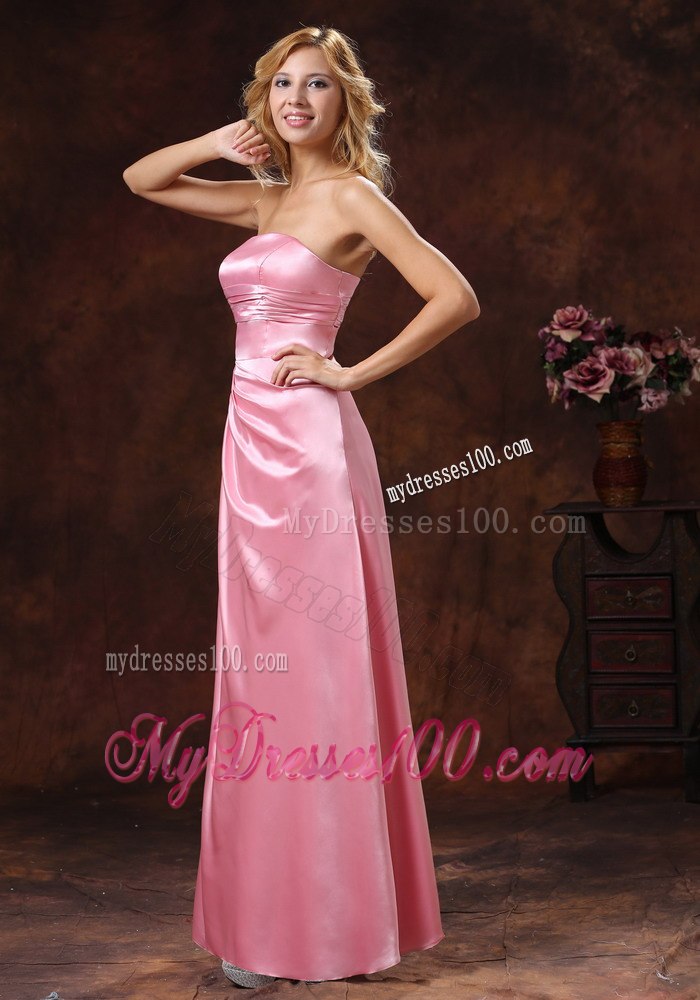 Rose Pink Elastic Woven Satin Strapless Celebrity Dresses with Ruche