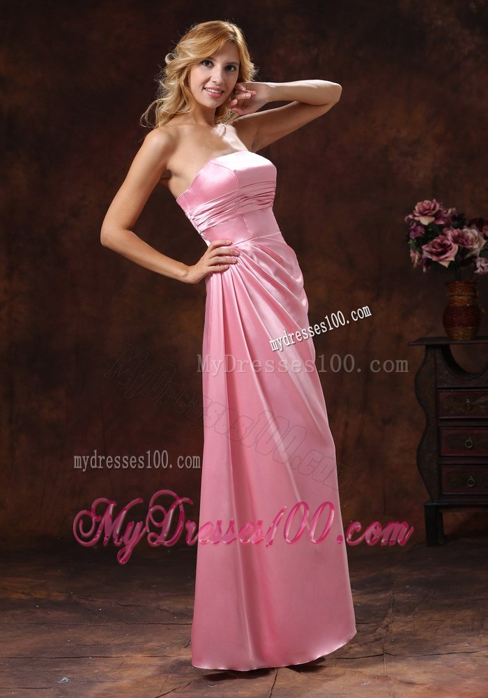 Rose Pink Elastic Woven Satin Strapless Celebrity Dresses with Ruche