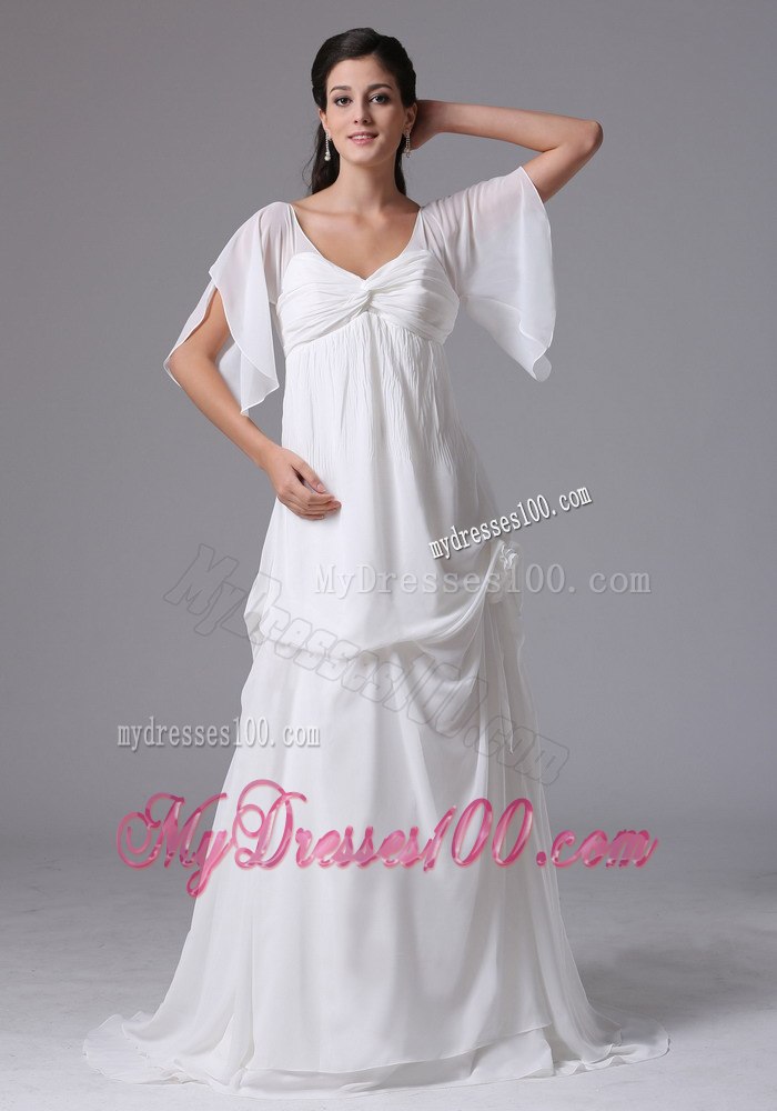 2013 Simple Empire Scoop Short Sleeves Wedding Dress with Brush Train