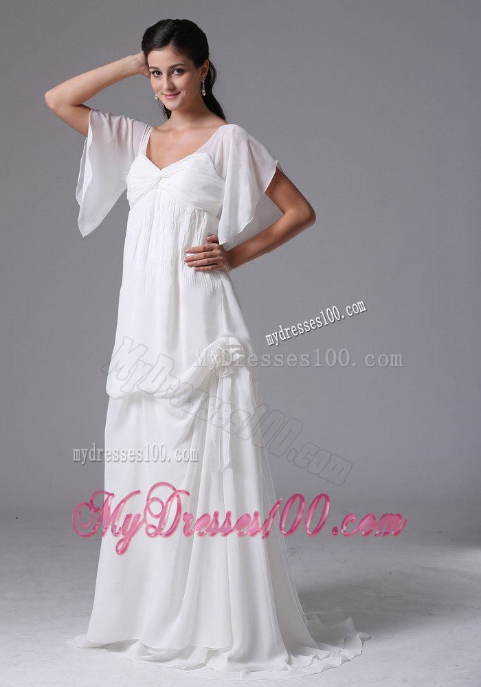 2013 Simple Empire Scoop Short Sleeves Wedding Dress with Brush Train