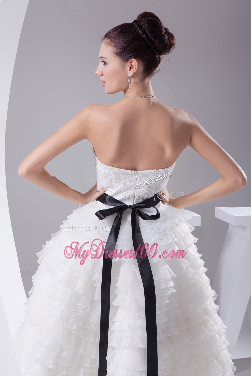A-line / Princess Ruffled Layers Knee-length Sash Wedding Dress