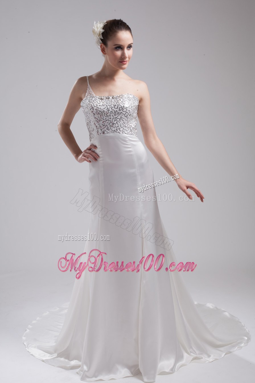 A-line One Shoulder Sequins Beading Wedding Dress